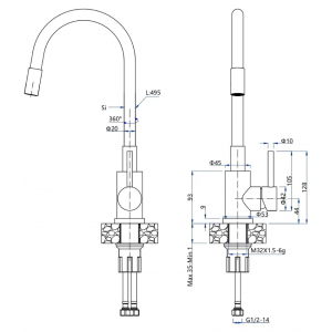 Смеситель GranFest Metal 5433 нерж/черный шланг, нерж.сталь, U-образ., D-35мм, ГШ Смеситель GranFest Metal 5433 нерж/черный шланг, нерж.сталь, U-образ., D-35мм, ГШ