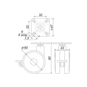 N107BL/Blu.5 (Мебельное колесо с торм., d=60мм, креп. площадка)