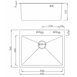 Hoffger 6050T Black (Чёрная), 600*500*210мм, Мойка квадр., нерж., врезн.