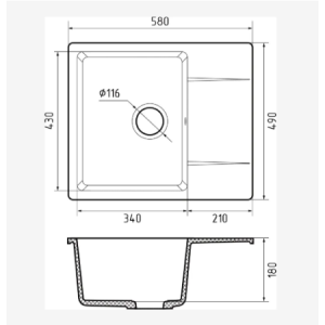 Мойка GRANFEST URBAN 258L 1-чаша+крыло 580*490мм песочный, прямоуг., кварц, врезн.